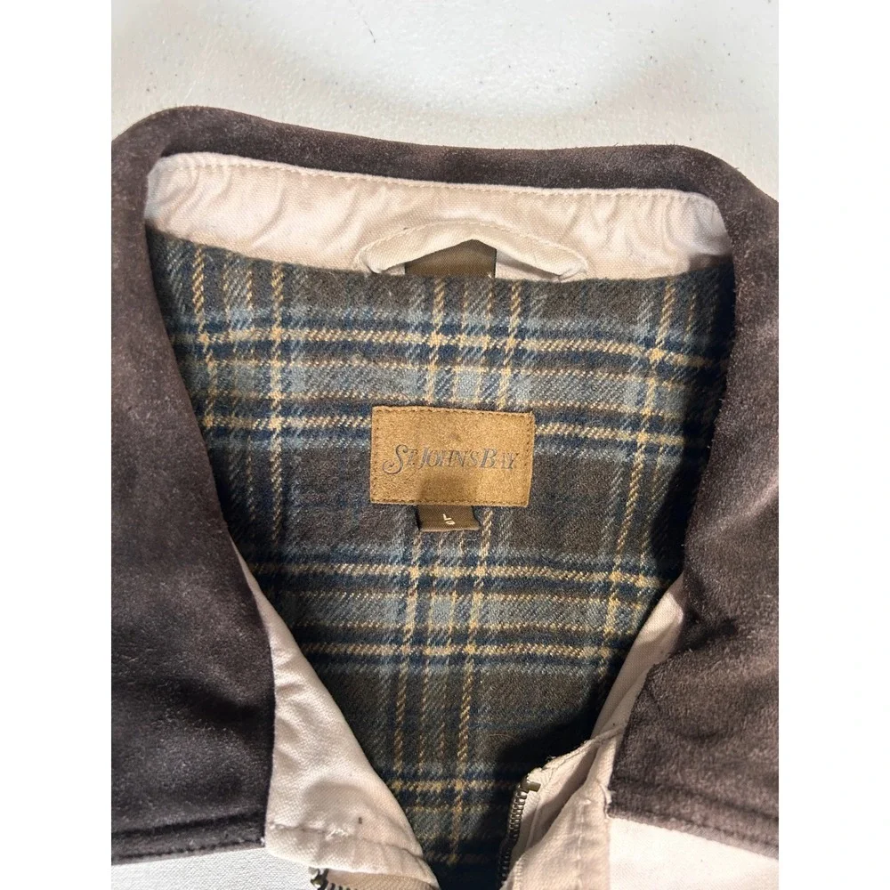 Vintage St. Johns Bay Field Jacket Tan Canvas‎ Corduroy Collar Plaid Lined Large